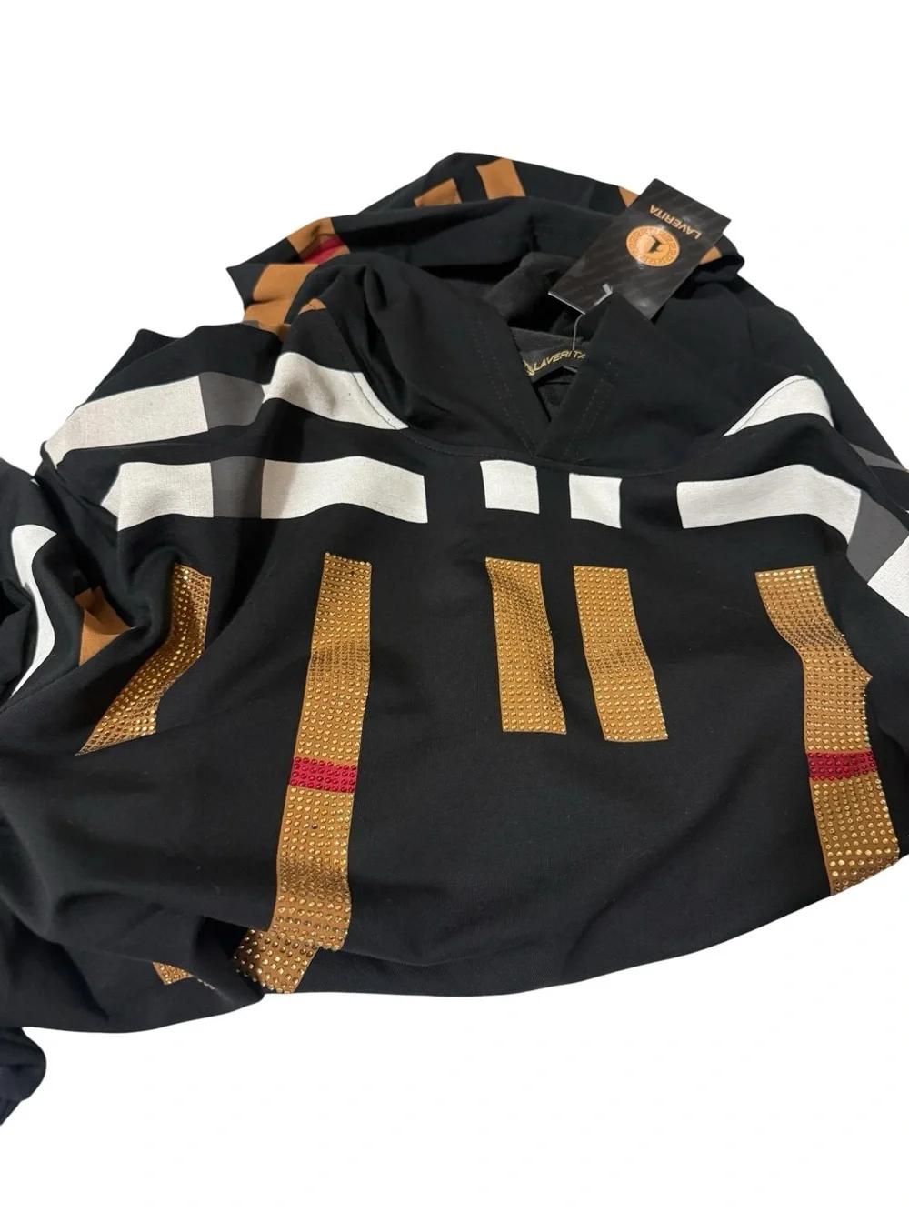 LAVERITA Black Hoodie with Geometric Tan, White & Red Block Pattern. new. large